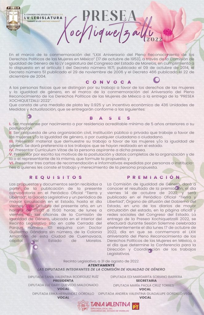 Invita Tania Valentina a participar en la Presea Xochiquetzalli 2022 1 presea xochiquetzalli 2022 v3 copia page 00019028377840732651009.